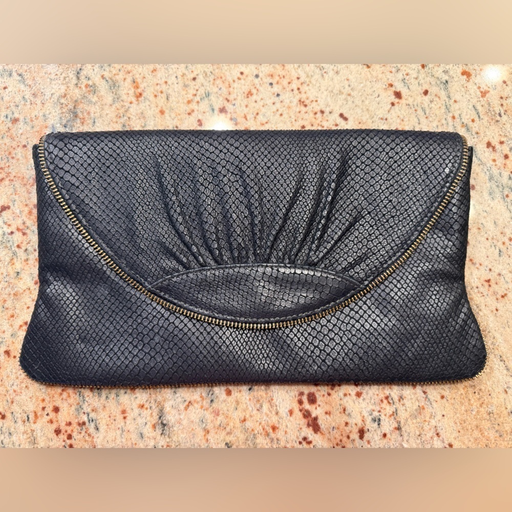 LAUREN MERKIN BLACK SNAKESKIN EMBOSSED LEATHER CLUTCH